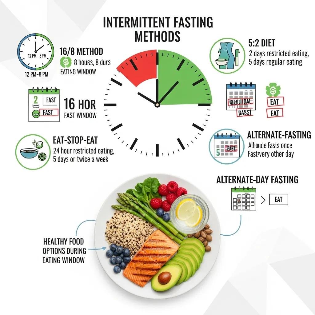 Diagram showing common intermittent fasting approaches such as 16:8 and the 5:2 method